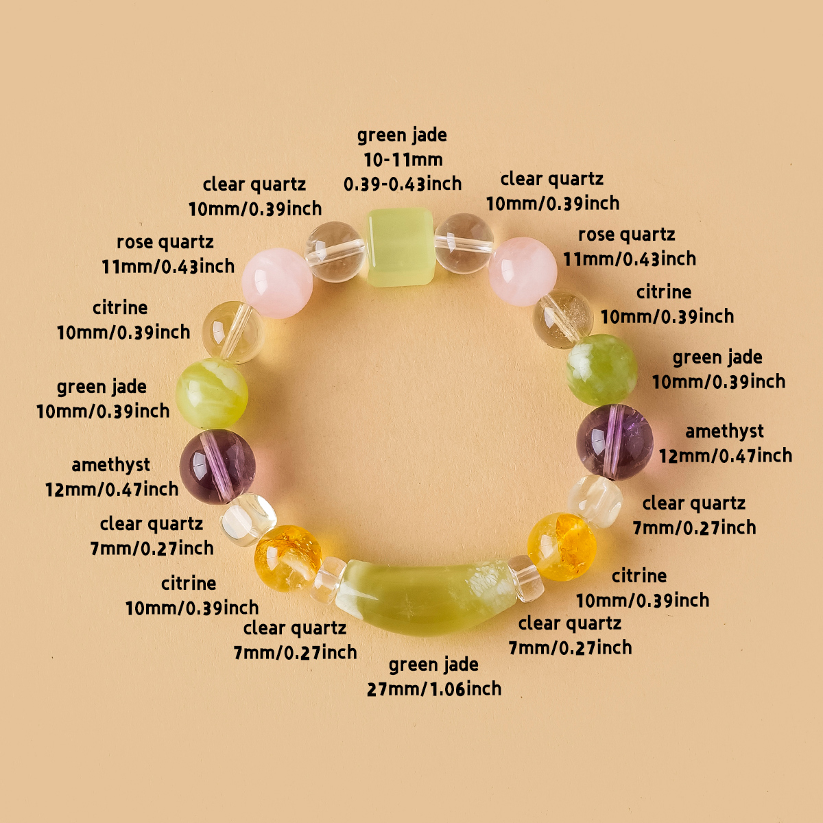 Crystal bracelet amethyst, citrine, clear quartz, glazed jade, and rose quartz.