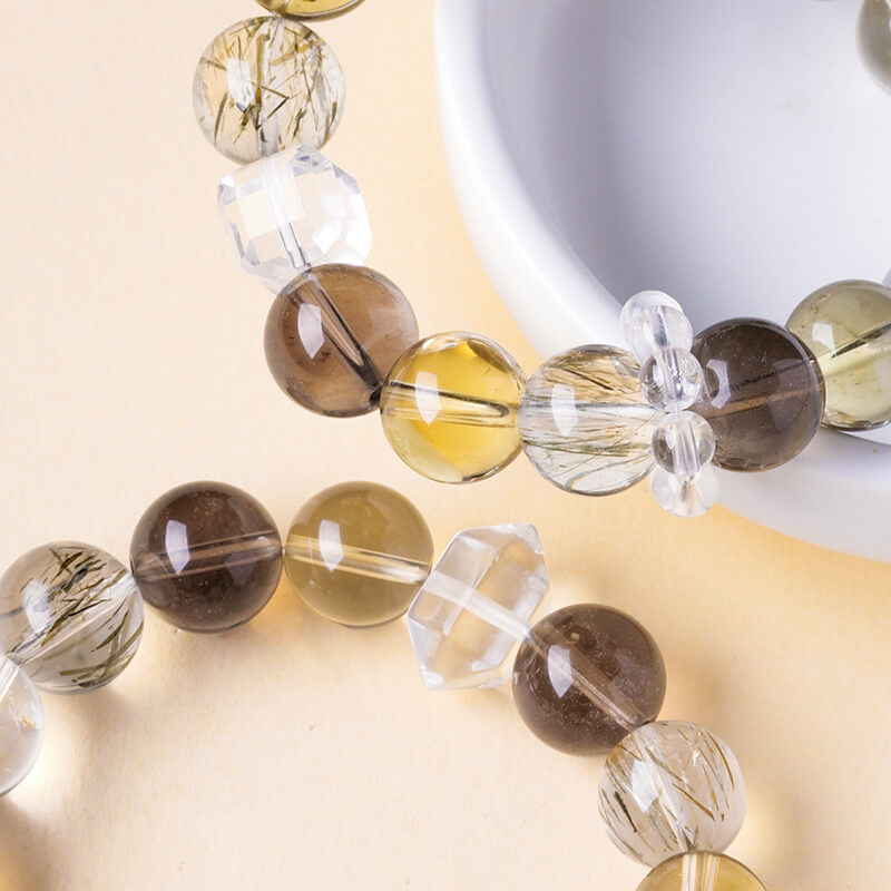 Maillard-Tone Crystal Bracelet with Clear Quartz, Citrine, Smoky Quartz, and Green Rutilated Quartz