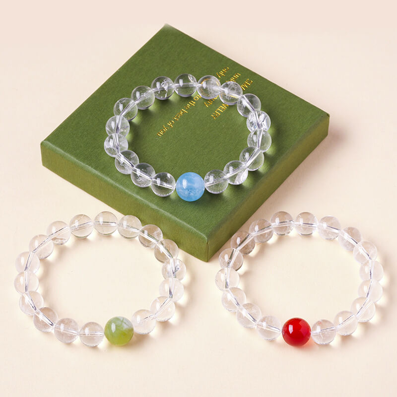 Five Elements Crystal Bracelet – Clear Quartz, Citrine, Aquamarine, Rutilated Quartz, Red Agate & Enameled Jade