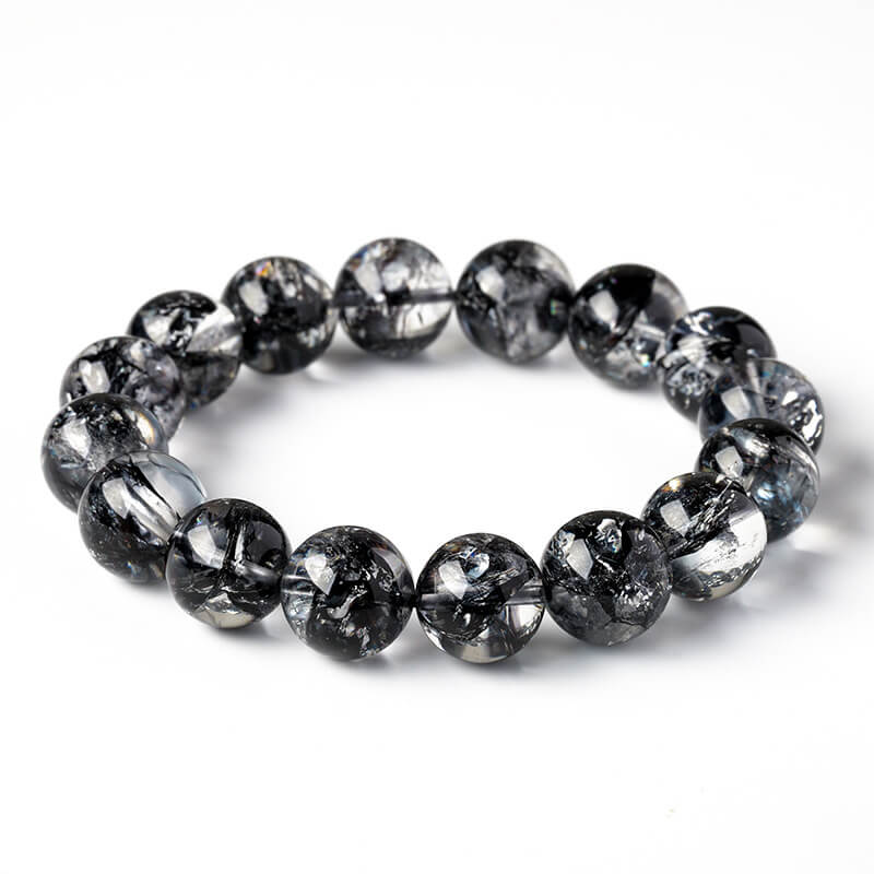 Natural Black Herkimer Diamond Round Bead Bracelet