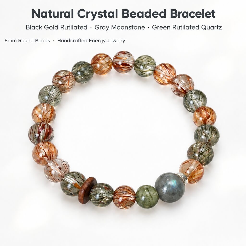 Natural Black Gold Super Seven, Grey Moonstone & Green Rutilated Quartz Bracelet 