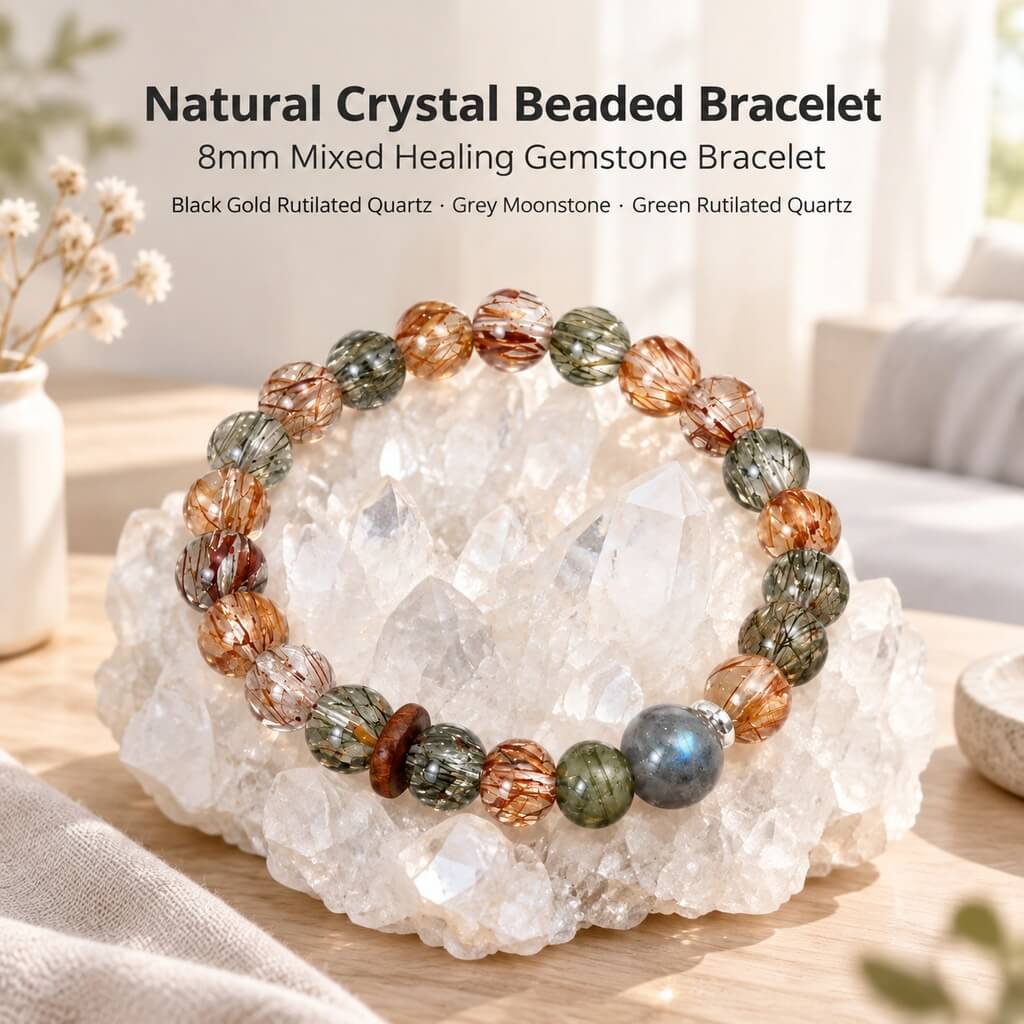 Natural Black Gold Super Seven, Grey Moonstone & Green Rutilated Quartz Bracelet 