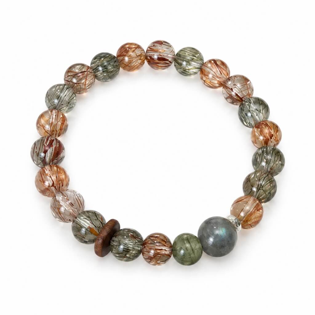 Natural Black Gold Super Seven, Grey Moonstone & Green Rutilated Quartz Bracelet 