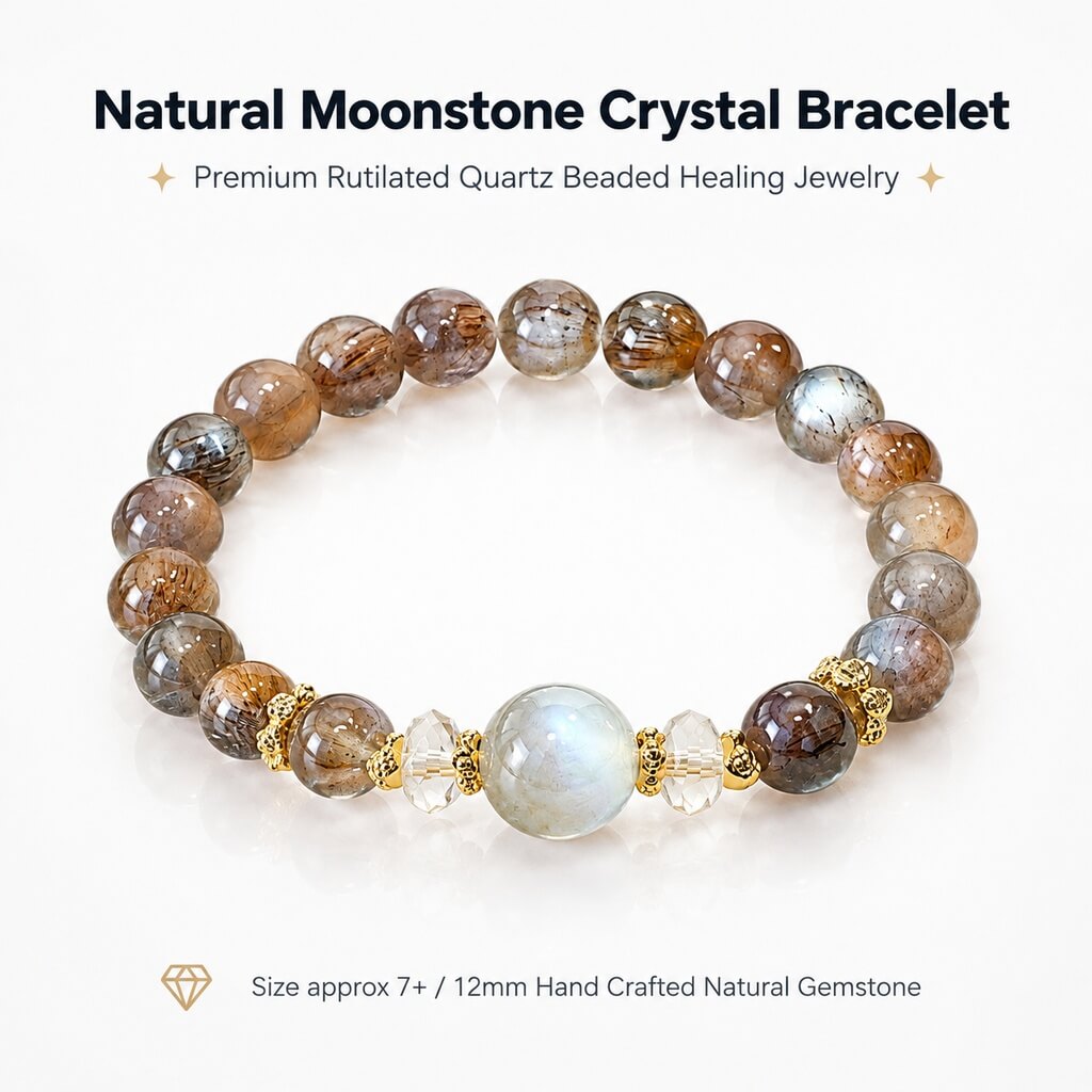 Natural Milk Tea Moonstone & Faceted Skeletal Clear Quartz Bracelet