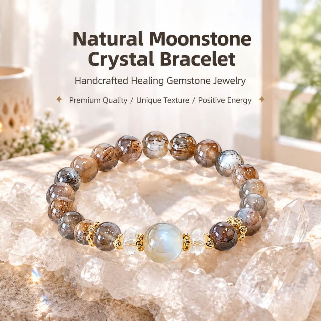 Natural Milk Tea Moonstone & Faceted Skeletal Clear Quartz Bracelet