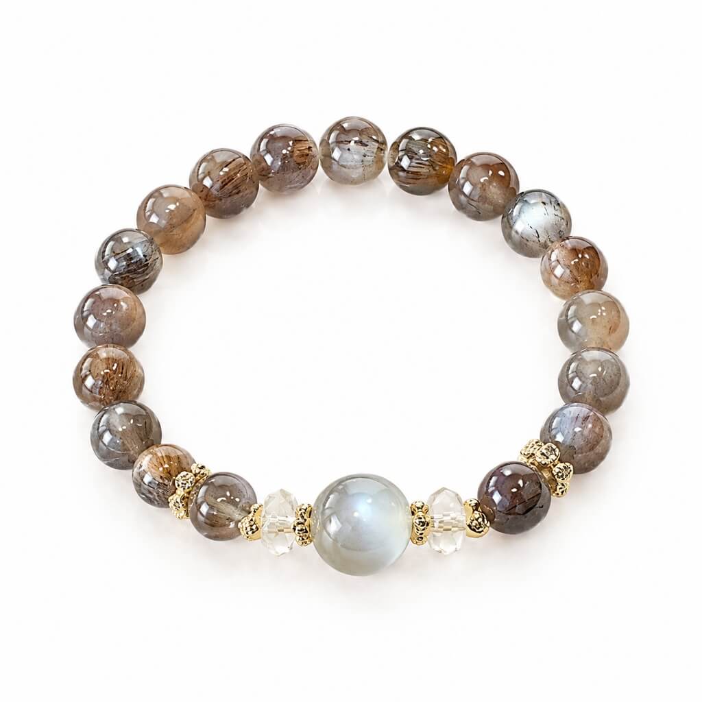 Natural Milk Tea Moonstone & Faceted Skeletal Clear Quartz Bracelet
