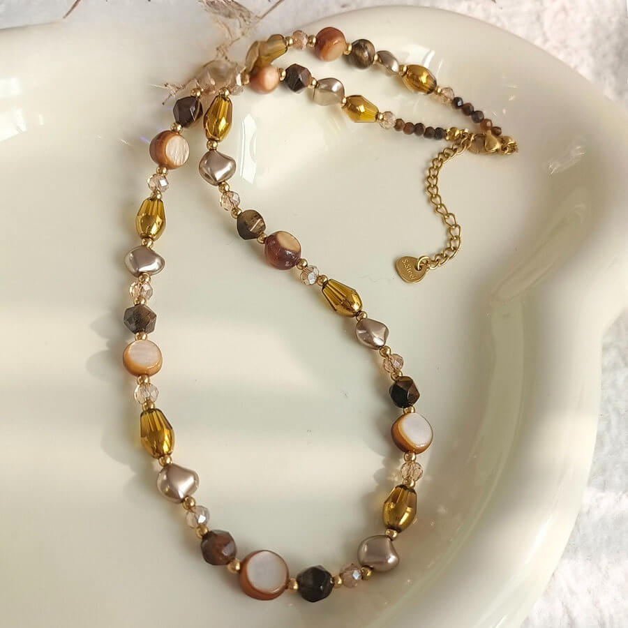 Tiger‘s Eye and Brown Pearl Beaded Necklace