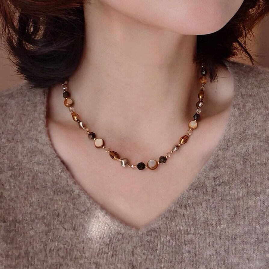 Tiger‘s Eye and Brown Pearl Beaded Necklace