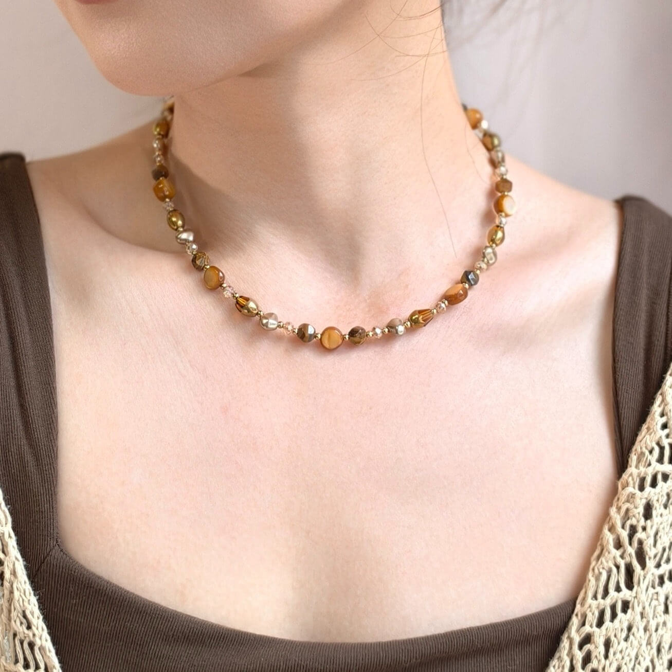 Tiger‘s Eye and Brown Pearl Beaded Necklace