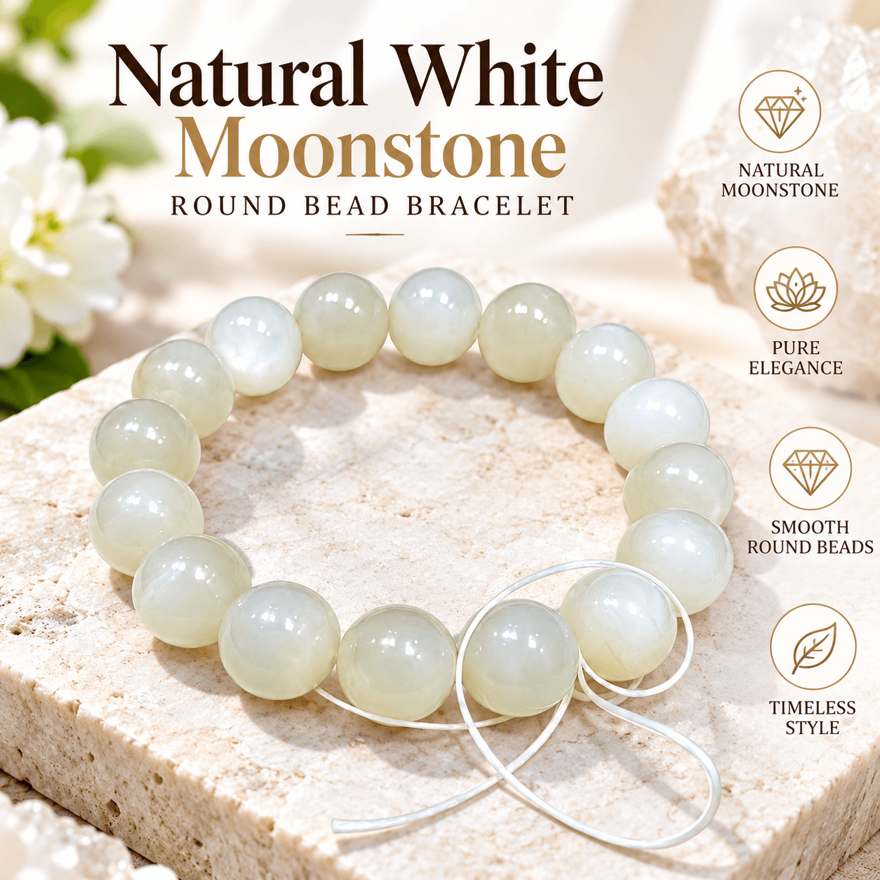 Natural White Moonstone Round Bead Bracelet – Approx. 12mm