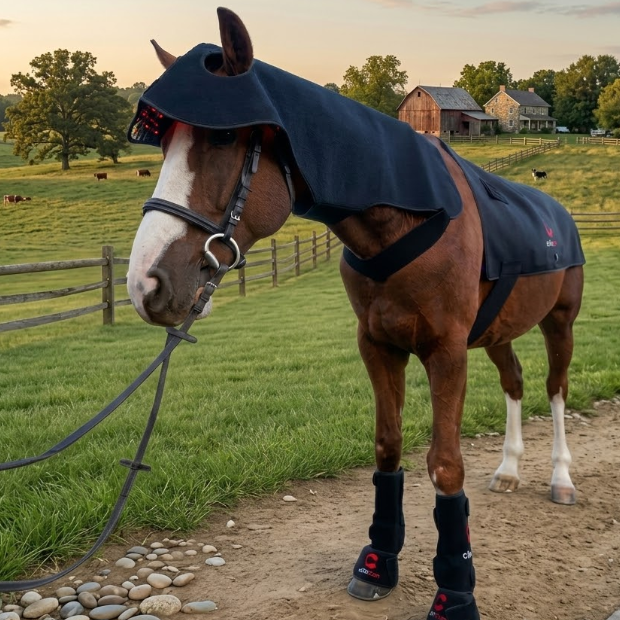 Horse receiving complete red light therapy with ClinicPBM bundle for full body recovery