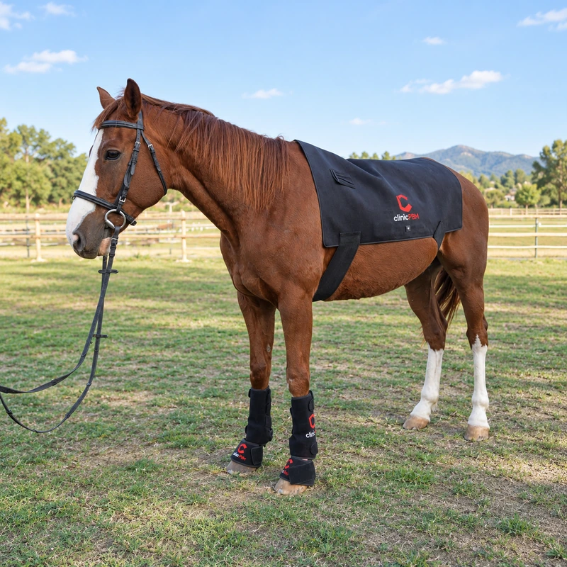 Chestnut horse standing in a paddock wearing a ClinicPBM red light therapy back pad and leg boots, side view, a non-invasive drug-free way to support recovery