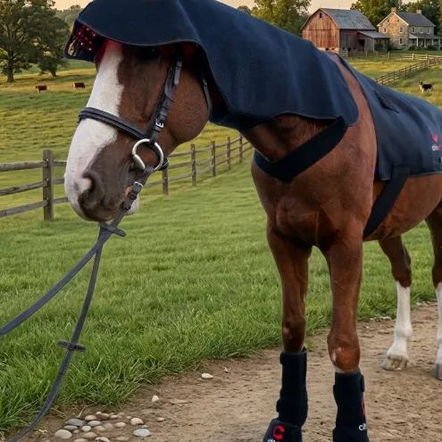 Horse receiving complete red light therapy with ClinicPBM bundle for full body recovery.