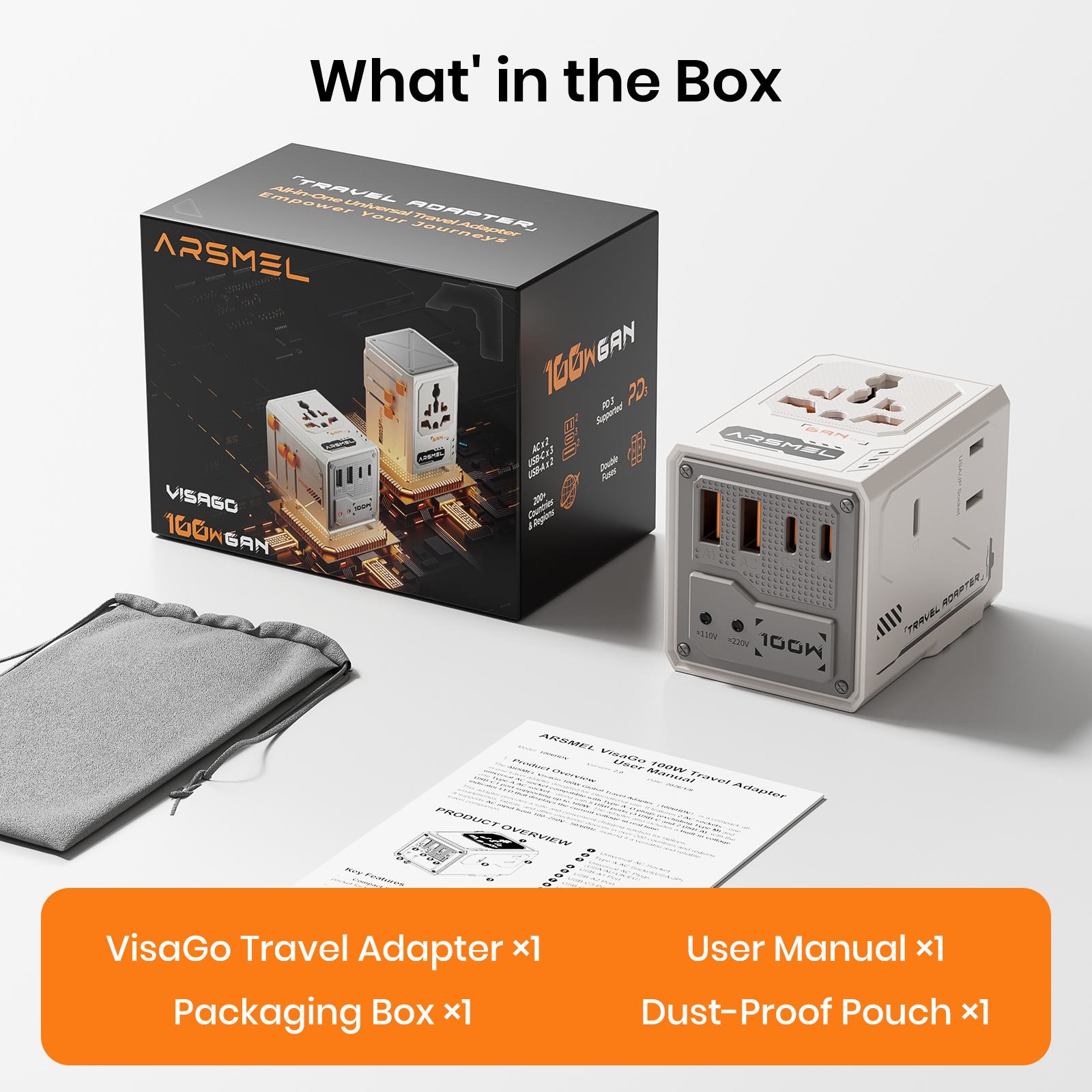 ARSMEL VisaGo 100W Travel Adapter with Built-in Voltage Display