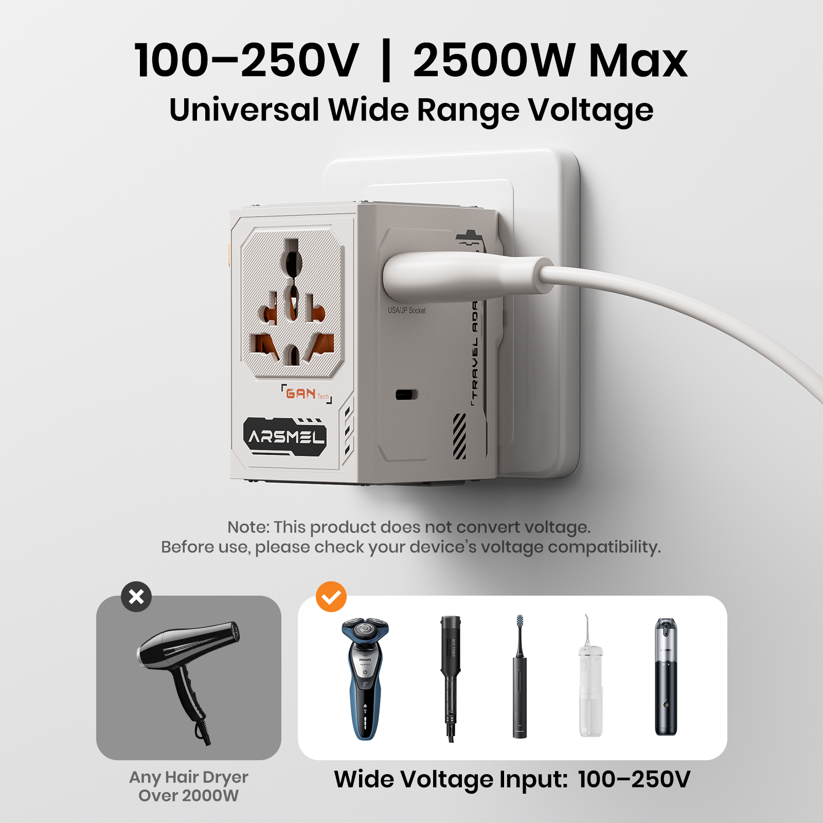 ARSMEL VisaGo 100W Travel Adapter with Built-in Voltage Display