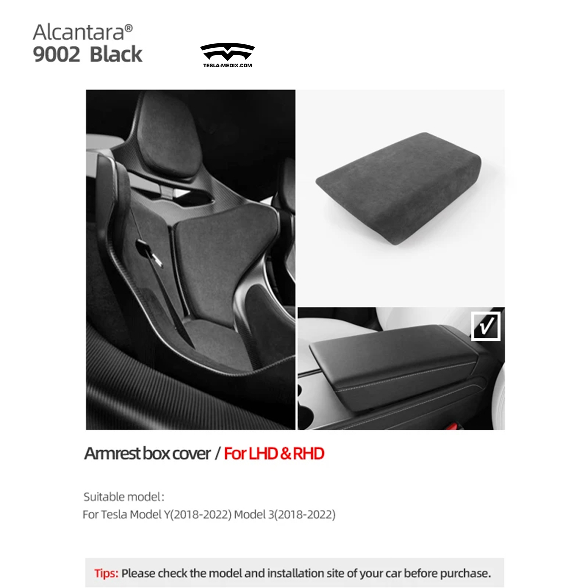 Tesla Model 3/Y Alcantara Wrap Armrest Box Cover Panel Trim Center Console Sticker Car