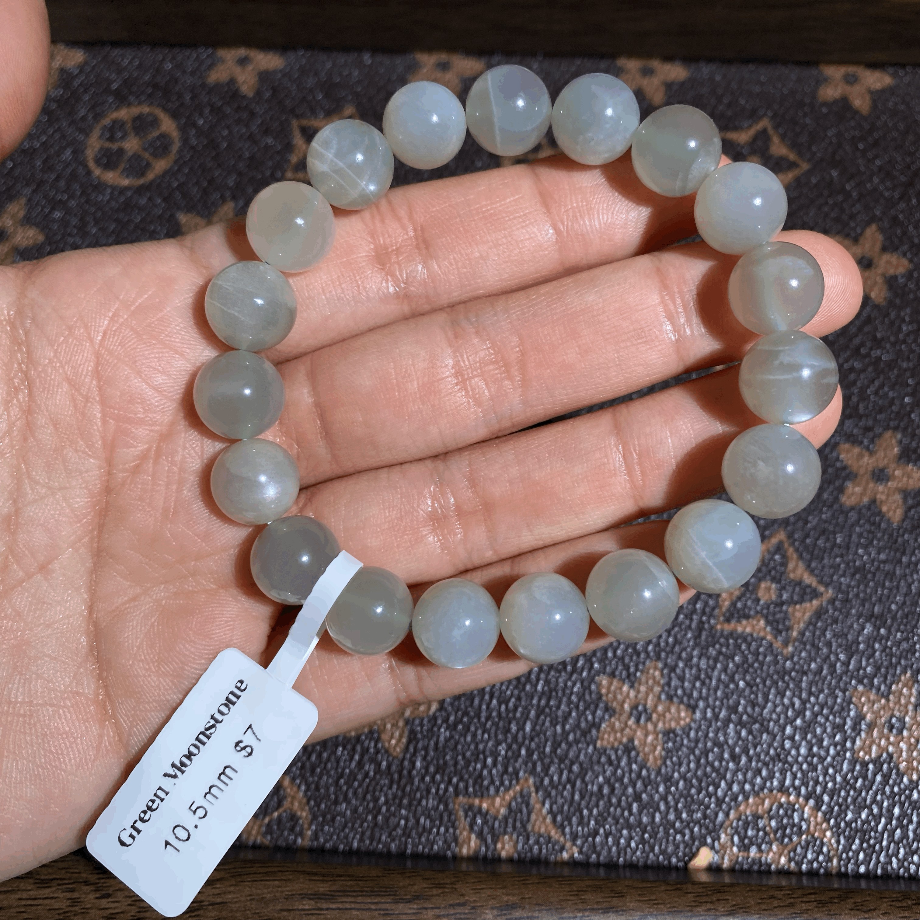 Green moonstone bracelet 10.5mm $7