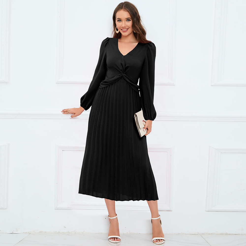 Trendy nové plisované šaty slim fit s výstřihem do V s dlouhým rukávem, jednobarevné dlouhé šaty s lucernovým rukávem oblíbeného stylu