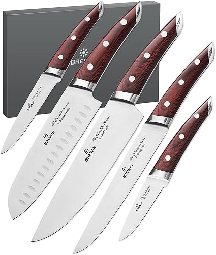 Sada japonských kuchařských nožů Brewin CHEFILOSOPHI, 5 ks, elegantní červená rukojeť z pakkawoodu, ergonomický design, profesionální ultra ostré kuchyňské nože na vaření z nerezové oceli s vysokým obsahem uhlíku