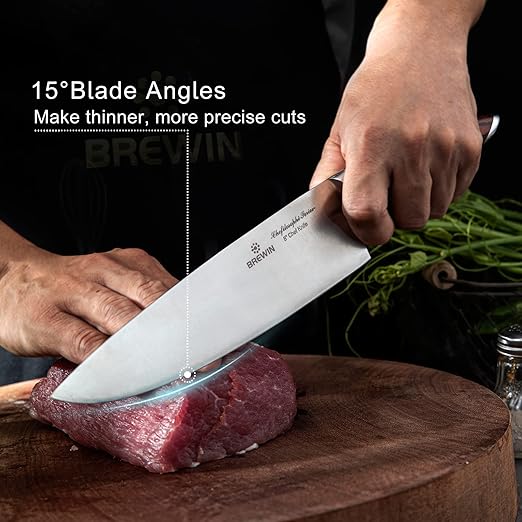 Sada japonských kuchařských nožů Brewin CHEFILOSOPHI, 5 ks, elegantní červená rukojeť z pakkawoodu, ergonomický design, profesionální ultra ostré kuchyňské nože na vaření z nerezové oceli s vysokým obsahem uhlíku