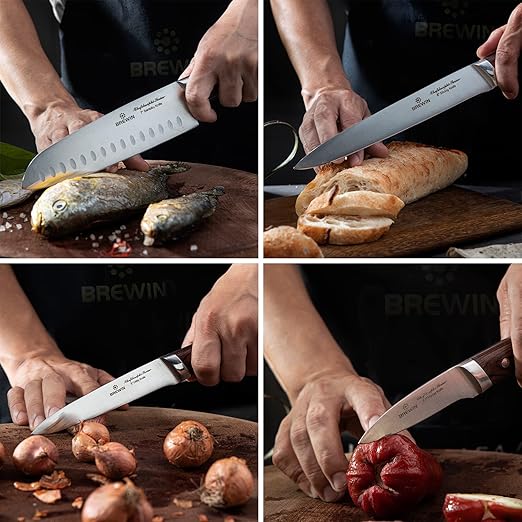 Sada japonských kuchařských nožů Brewin CHEFILOSOPHI, 5 ks, elegantní červená rukojeť z pakkawoodu, ergonomický design, profesionální ultra ostré kuchyňské nože na vaření z nerezové oceli s vysokým obsahem uhlíku