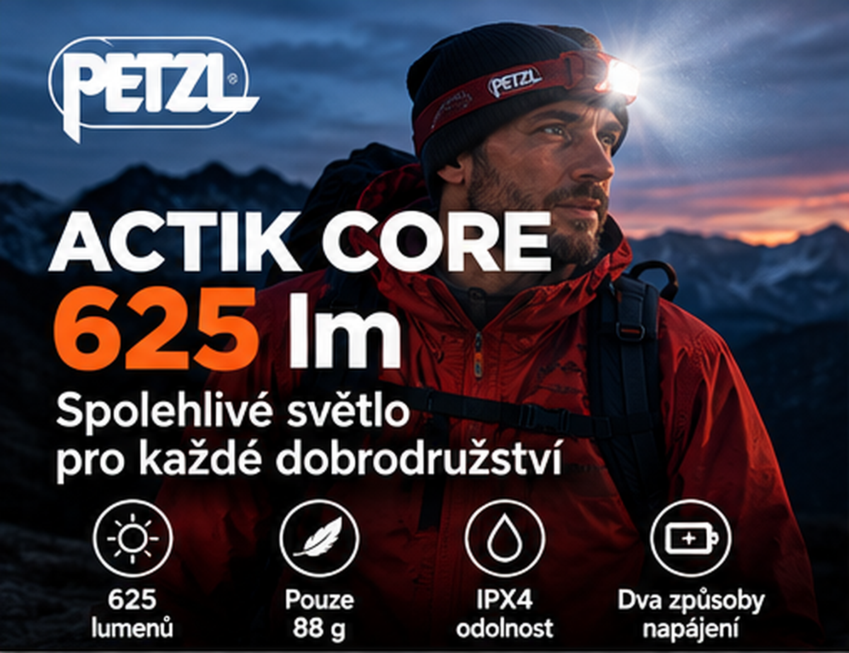 Čelovka PETZL ACTIK CORE při večern&iacute; turistice
