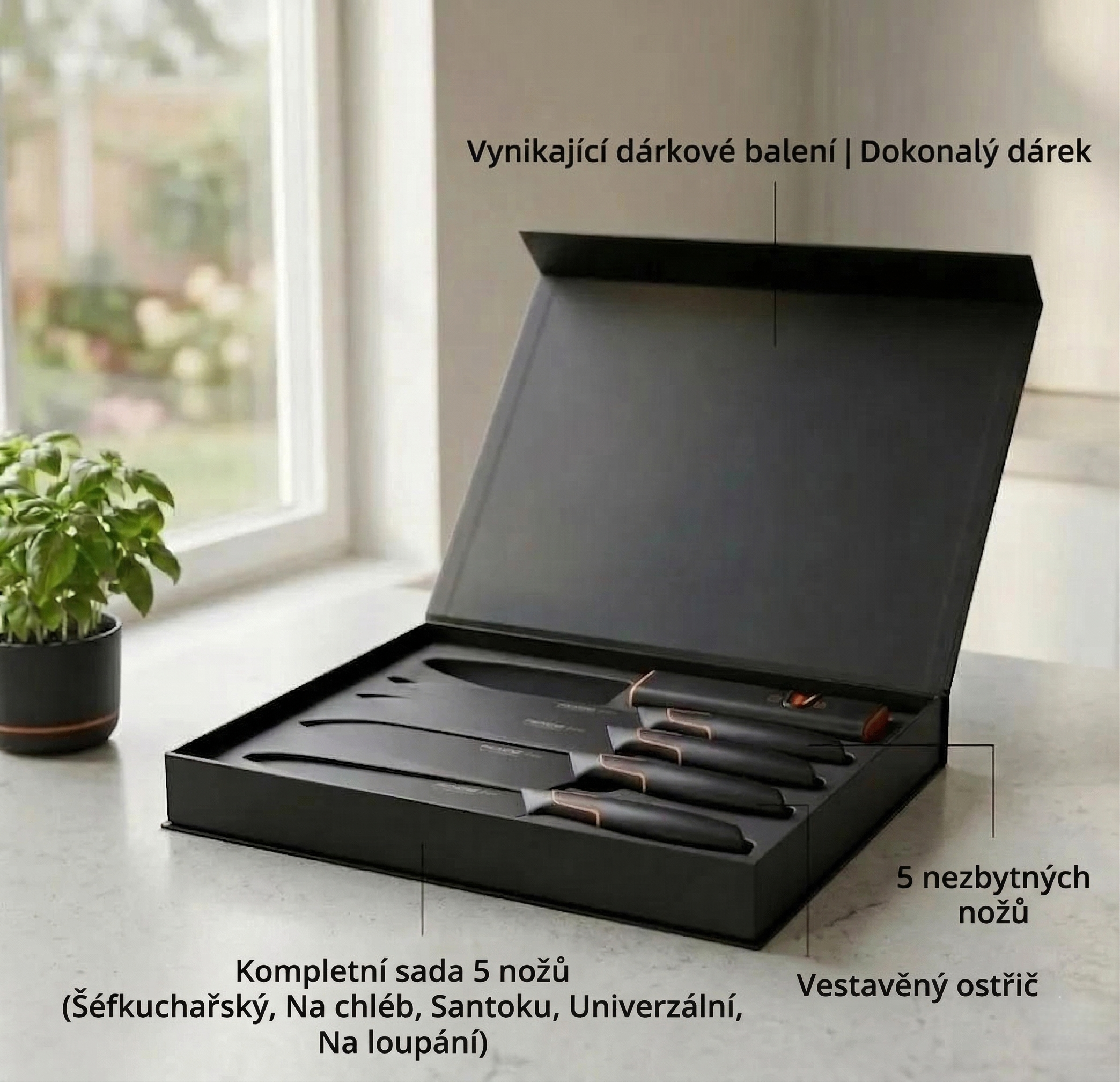 Limitovaná edice: 5dílná sada nožů FISKARS® (s držákem na nože) – řada FISKARS EDGE, ostré kuchyňské nože + ořezávátko