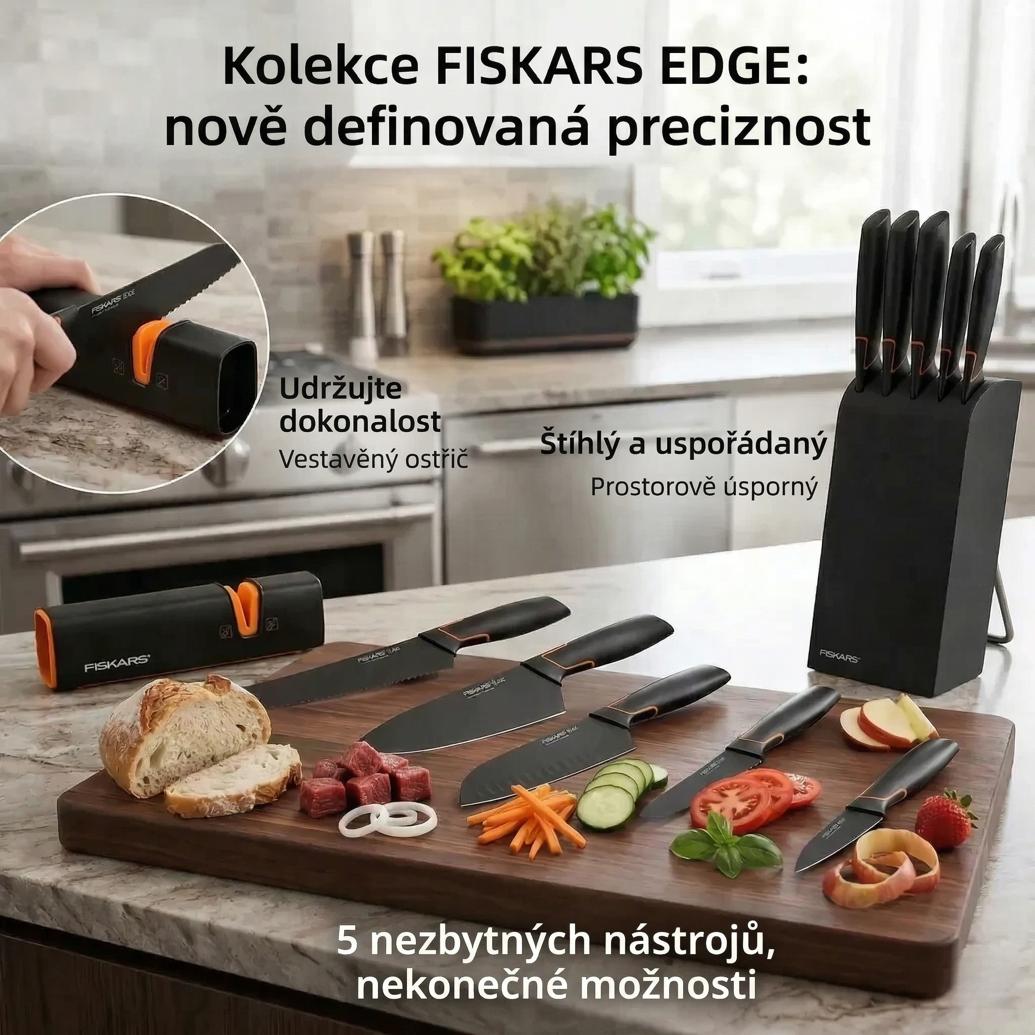 Limitovaná edice: 5dílná sada nožů FISKARS® (s držákem na nože) – řada FISKARS EDGE, ostré kuchyňské nože + ořezávátko
