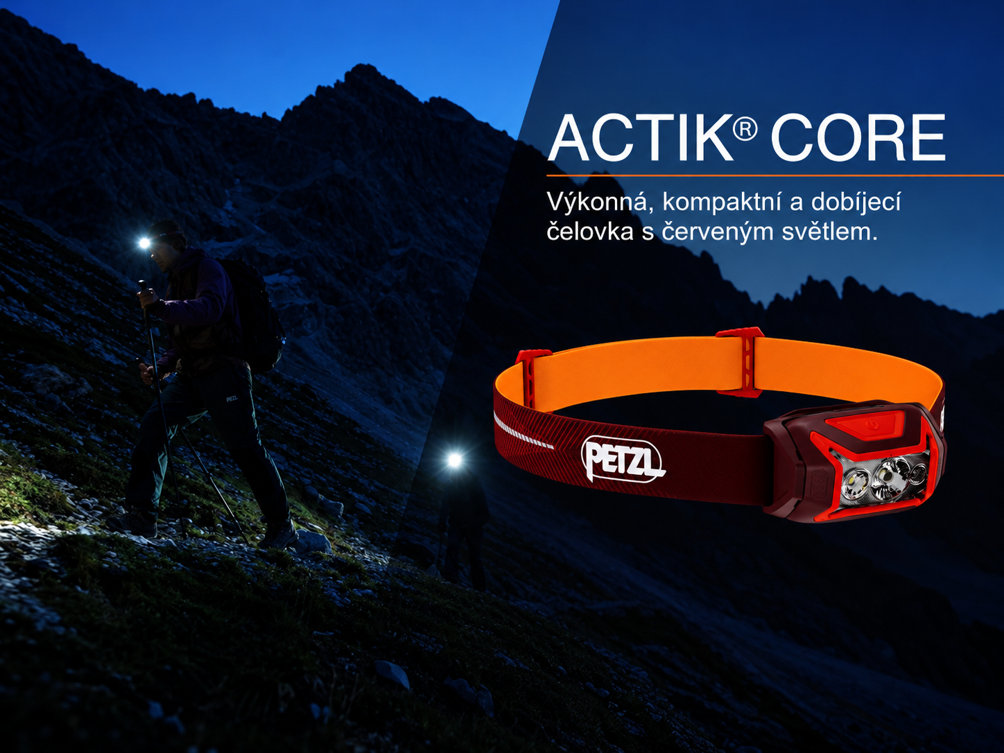PETZL ACTIK CORE při nočn&iacute; turistice v horsk&eacute;m ter&eacute;nu