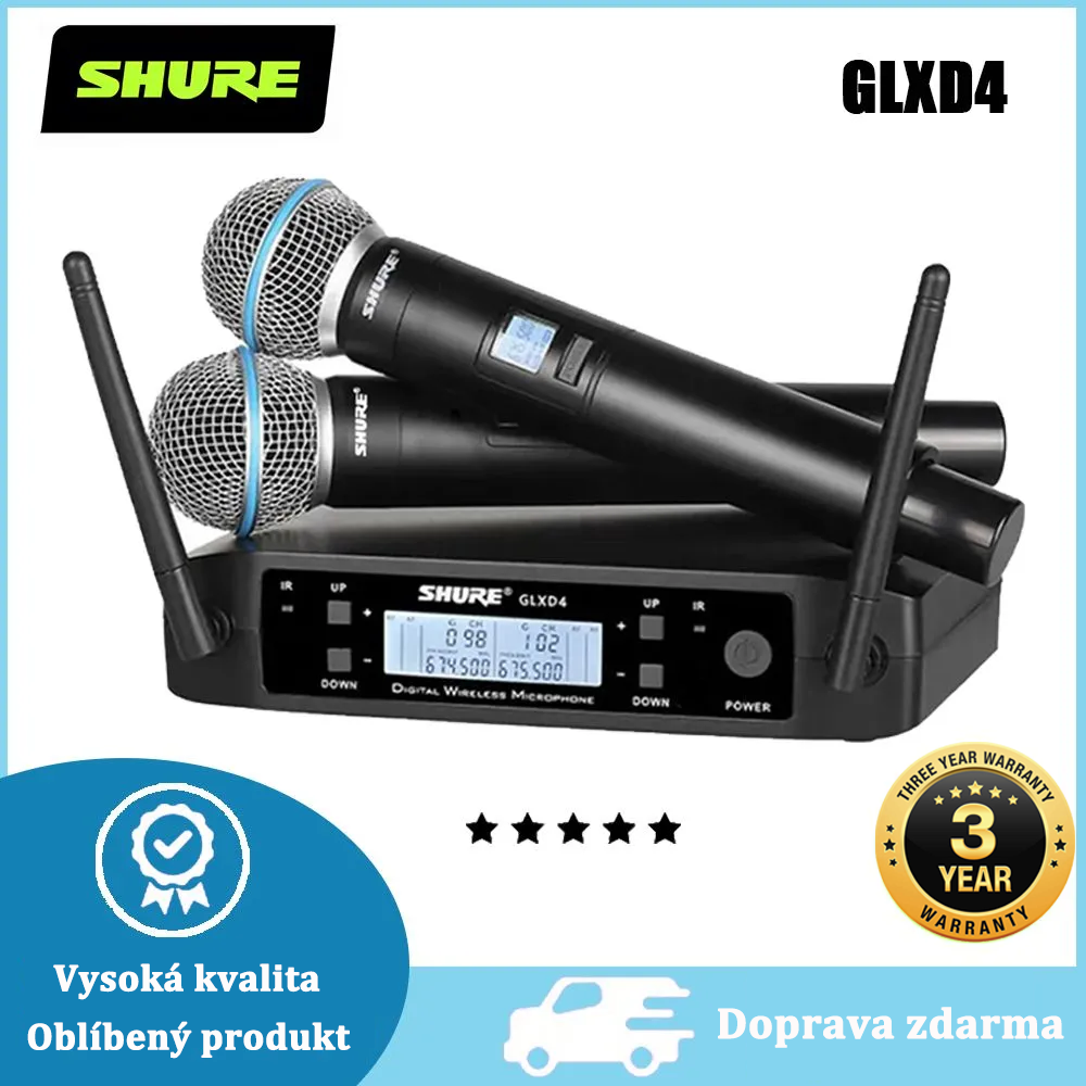 Shure GLXD4 bezdrátový mikrofonní systém, vynikající zvuk, UHF bezdrátový mikrofon, dvojitý mikrofonní set, mikrofony BETA58A/SM58, mikrofony vyrobené z pevného hliníkového materiálu.