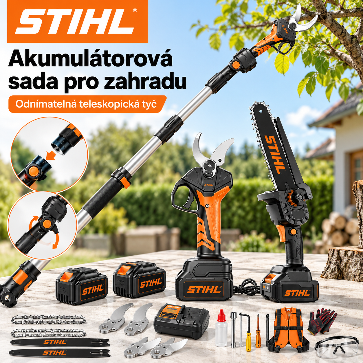 STIHL® Sada aku bezuhlíkové řetězové pily a aku zahradních nůžek – Profesionální výkon, snadný řez bez námahy