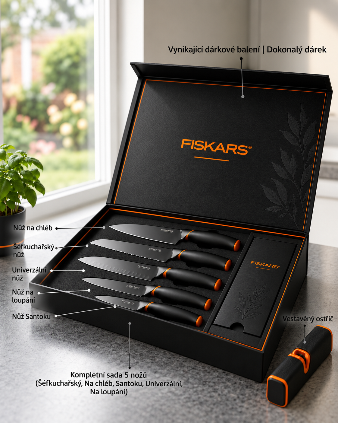 Limitovaná edice: 5dílná sada nožů FISKARS® (s držákem na nože) – řada FISKARS EDGE, ostré kuchyňské nože + ořezávátko