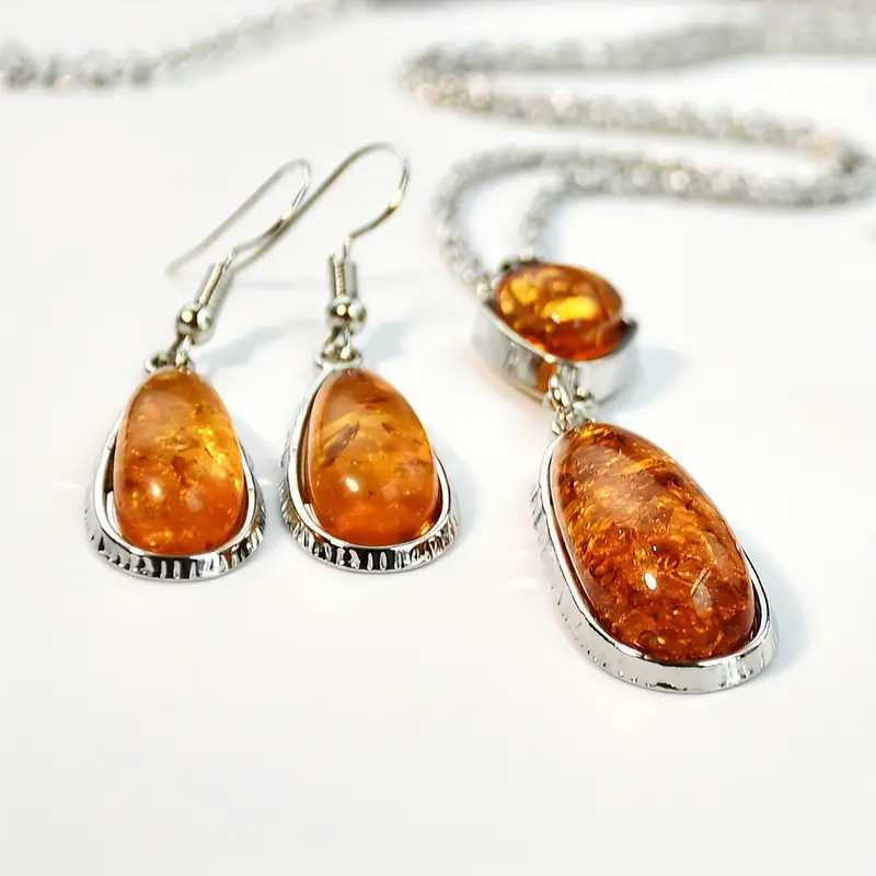 3pcs earrings plus necklace boho style jewelry set inlaid teardrop shape amberoid match daily outfits noble party accessories details 0