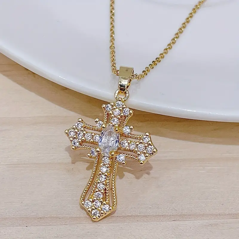 luxury exquisite inlaid shiny zircon cross pendant stainless steel 18k gold plated necklace details 1
