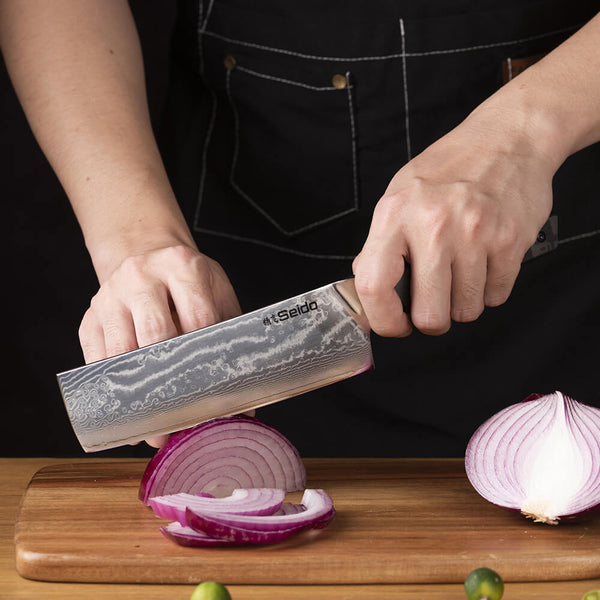 大马士革菜刀演示切割