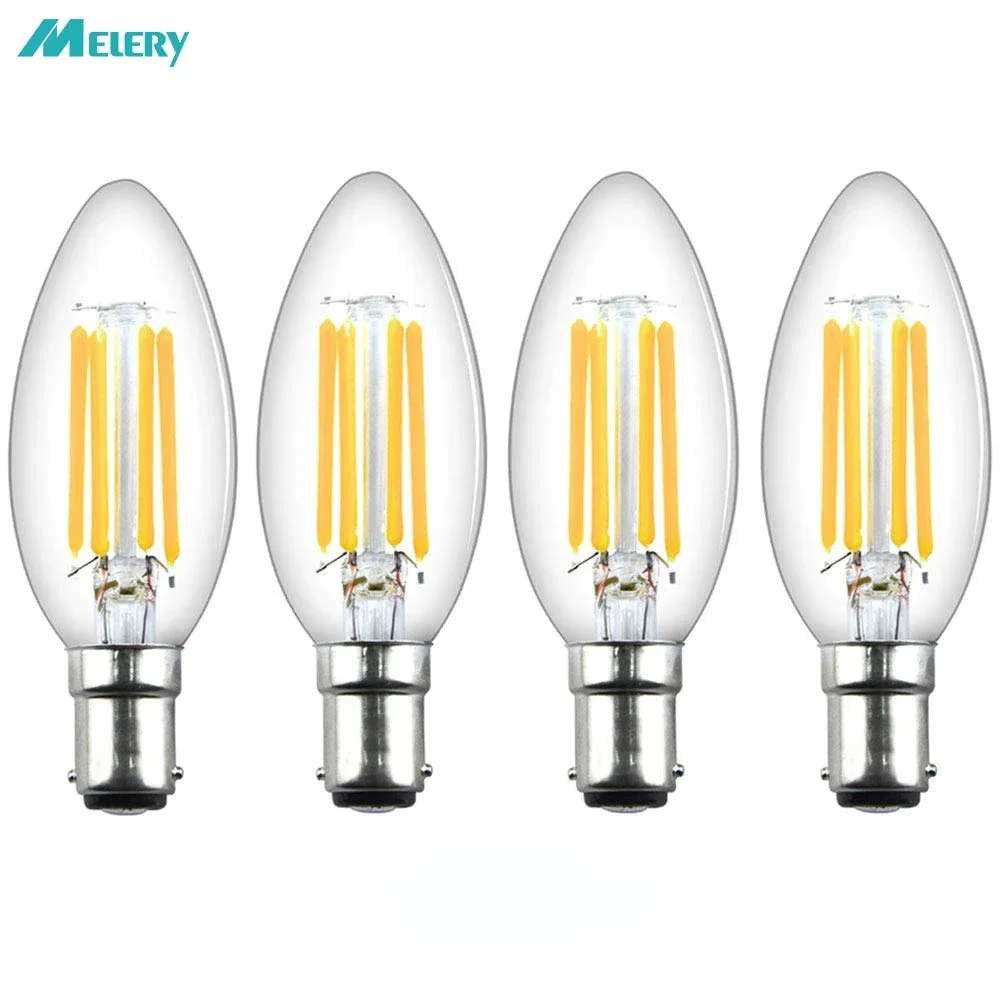 Melery LED Candle Filament Light Bulb B15 SBC Bayonet 4W Ba15d Vintage Warm White 2700K 40W Replacement Home Office Decorative Dimmable or not 4PACK-Melery