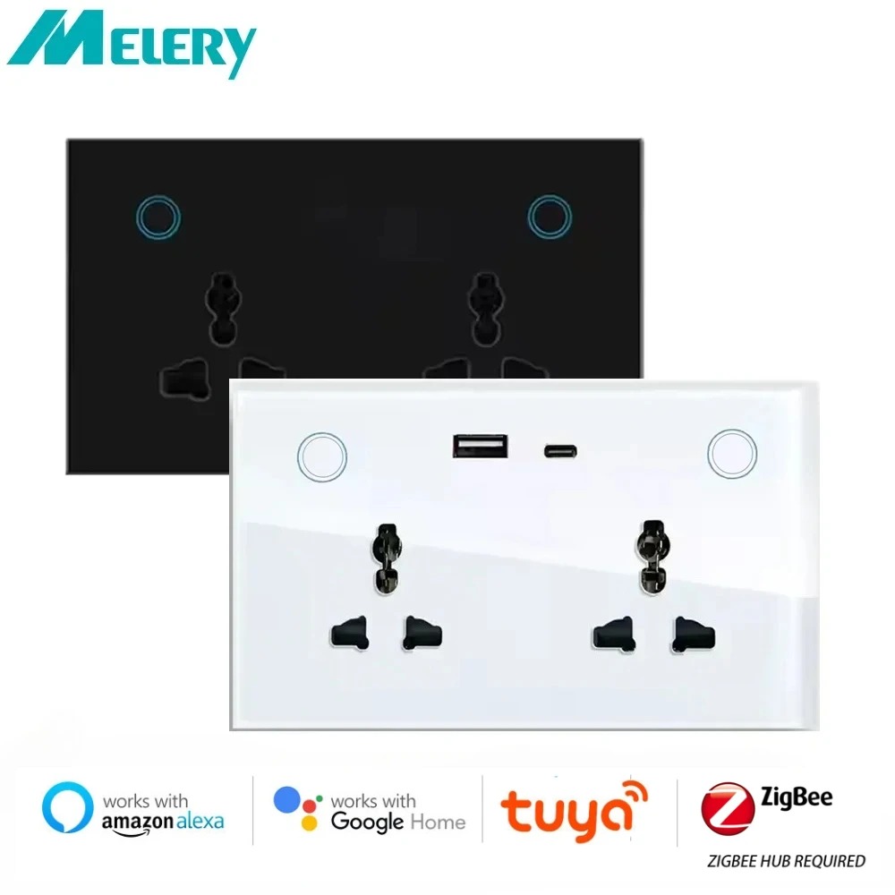 Melery Zigbee Tuya 147 Wall Socket USB Type-C PD 20W Universal Power Plug Outlet Touch Switch Voice Remote by Alexa Google Home-Melery