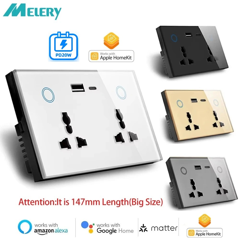 Melery Matter Smart Type-C PD 20W USB Wall Socket Universal Electrical Plug Outlet Power Touch Switch Homekit Alexa Google Home-Melery