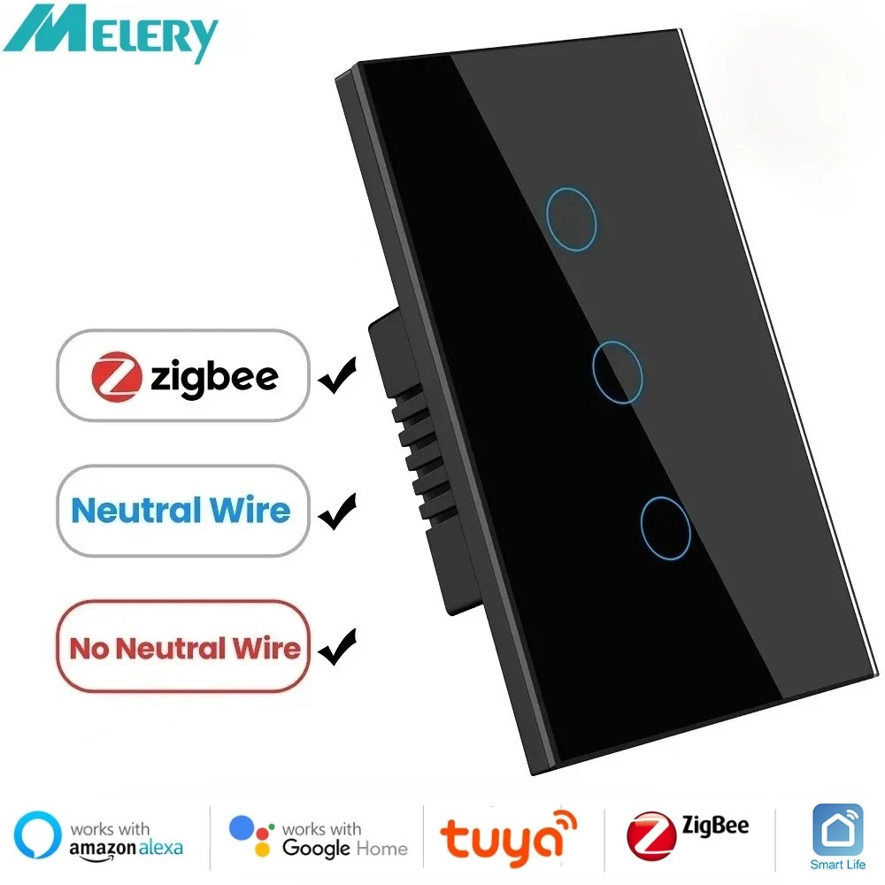 Melery Zigbee Smart Life Light Switch with/without Neutral Wire Wall Touch Sensor Glass Panel Remote by Tuya Alexa Google Home Assistant