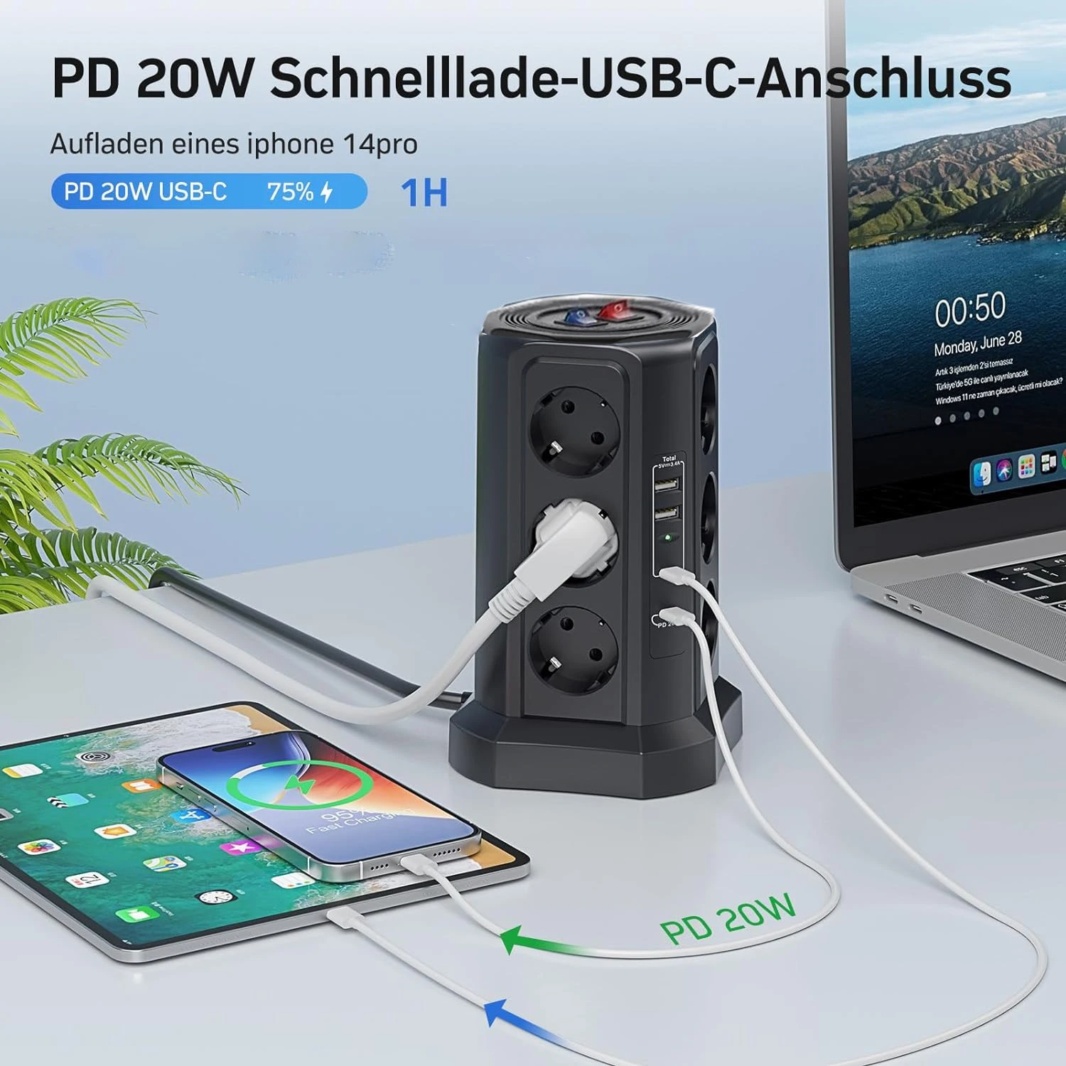 Melery  Multiple Power Strip Vertical EU Eectrical Plug Tower Outlet Socket USB Type-C 20W Surge Protector Circuit Extension Cord-Melery