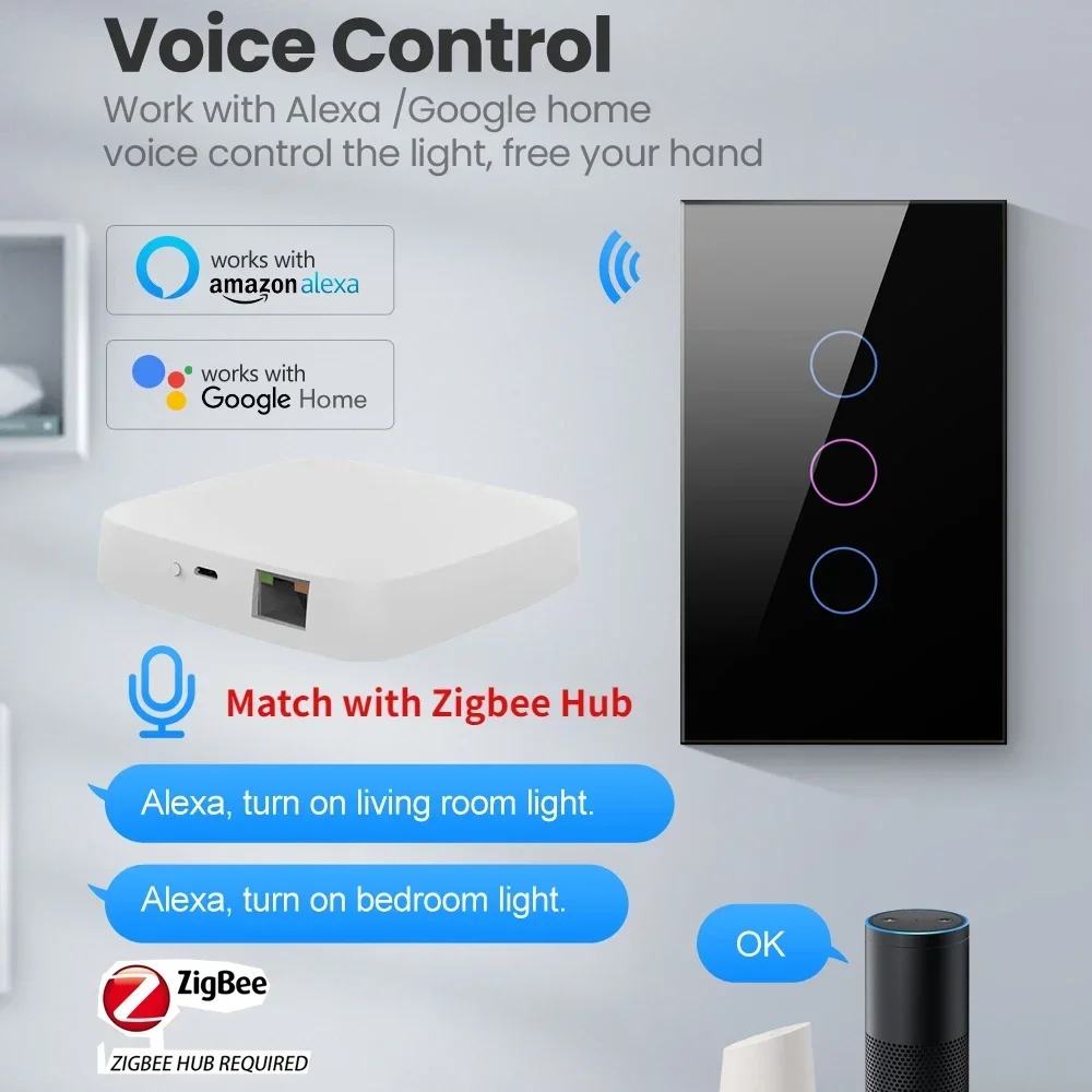 Melery Zigbee Smart Life Light Switch with/without Neutral Wire Wall Touch Sensor Glass Panel Remote by Tuya Alexa Google Home Assistant