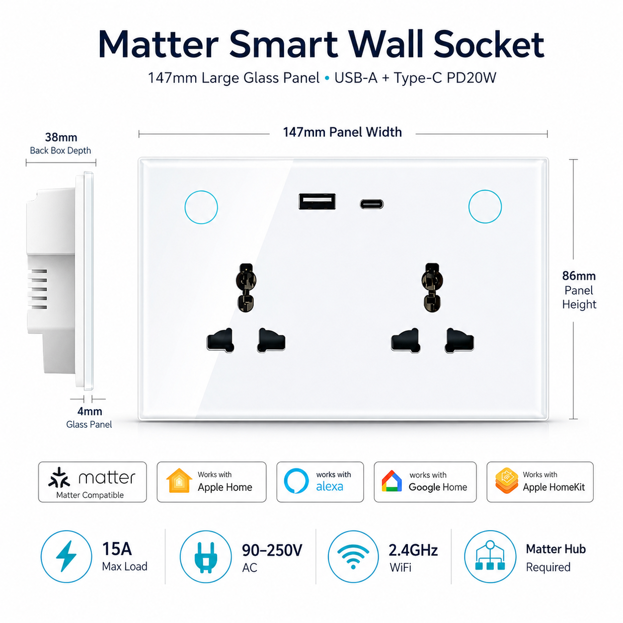 Melery Matter Smart Type-C PD 20W USB Wall Socket Universal Electrical Plug Outlet Power Touch Switch Homekit Alexa Google Home