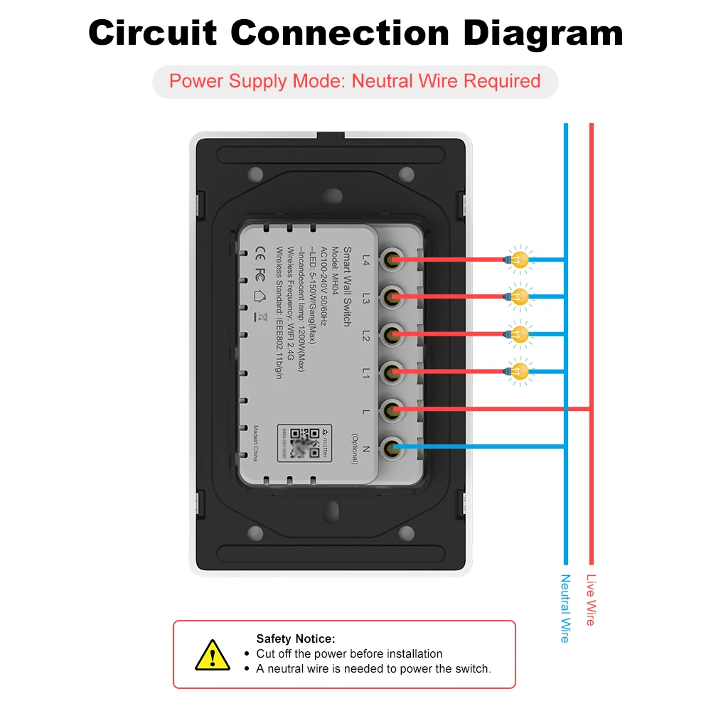 Melery Matter WiFi Smart Wall Light Switch 1 2 3 4 Gangs with Neutral Wire Push Physical Light Switches work with Homekit App-Melery