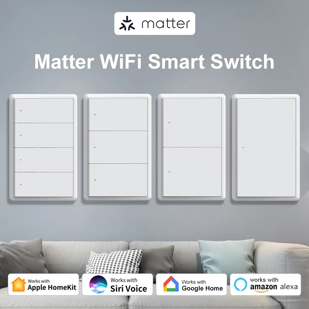 Melery Matter WiFi Smart Wall Light Switch 1 2 3 4 Gangs with Neutral Wire Push Physical Light Switches work with Homekit App-Melery