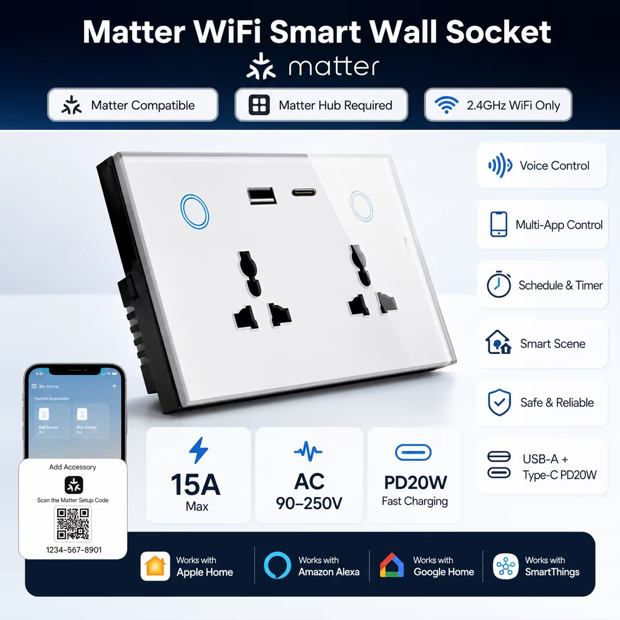 Melery Matter Smart Type-C PD 20W USB Wall Socket Universal Electrical Plug Outlet Power Touch Switch Homekit Alexa Google Home