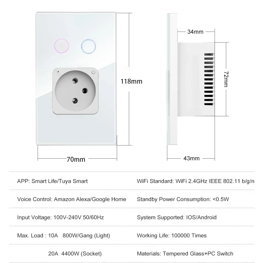 Melery Israel Wall Socket Wifi Smart Light Switch Tuya Plug Electrical Outlet Touch Glass Panel Intelligent Alexa Google Home-Melery