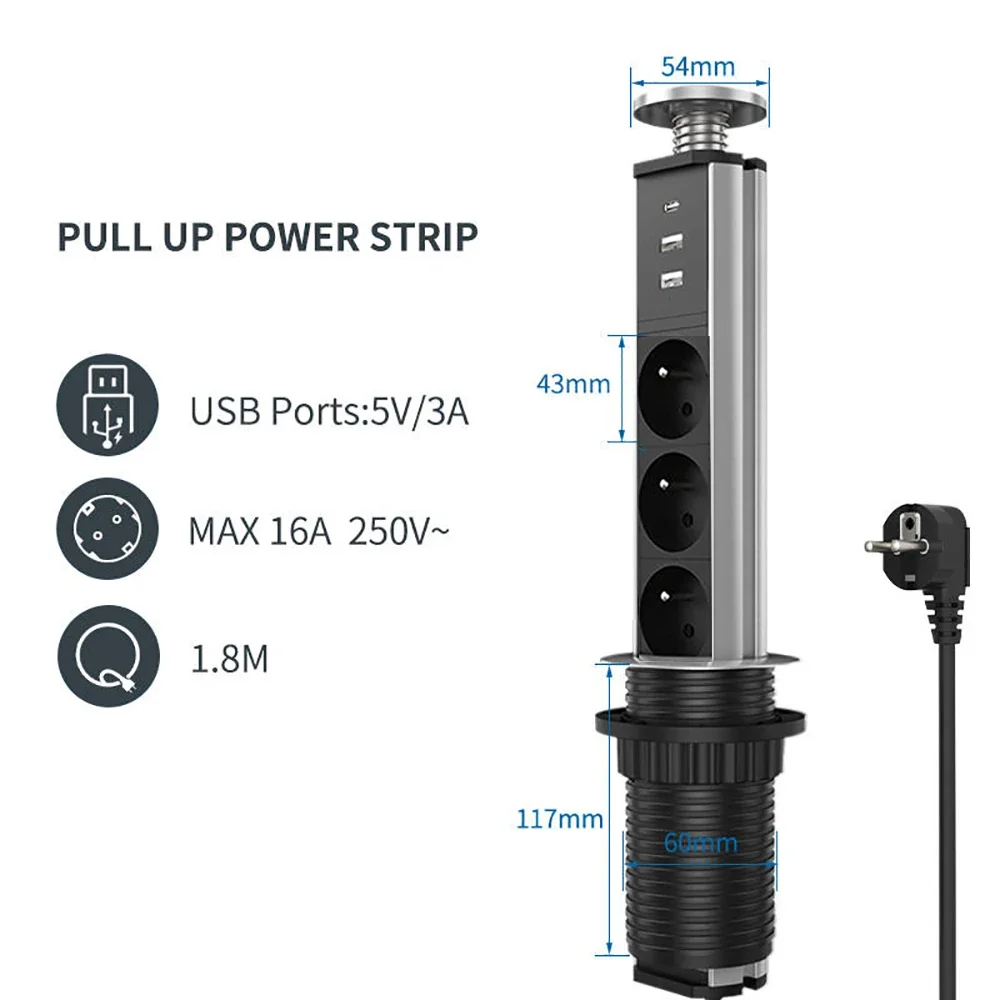 Melery Type-C French Outlets Pop Up Socket Power Strip Multiple Desktop Hidden Outlet 3 Way 2USB Charge Ports for Office Home Kitchen-Melery