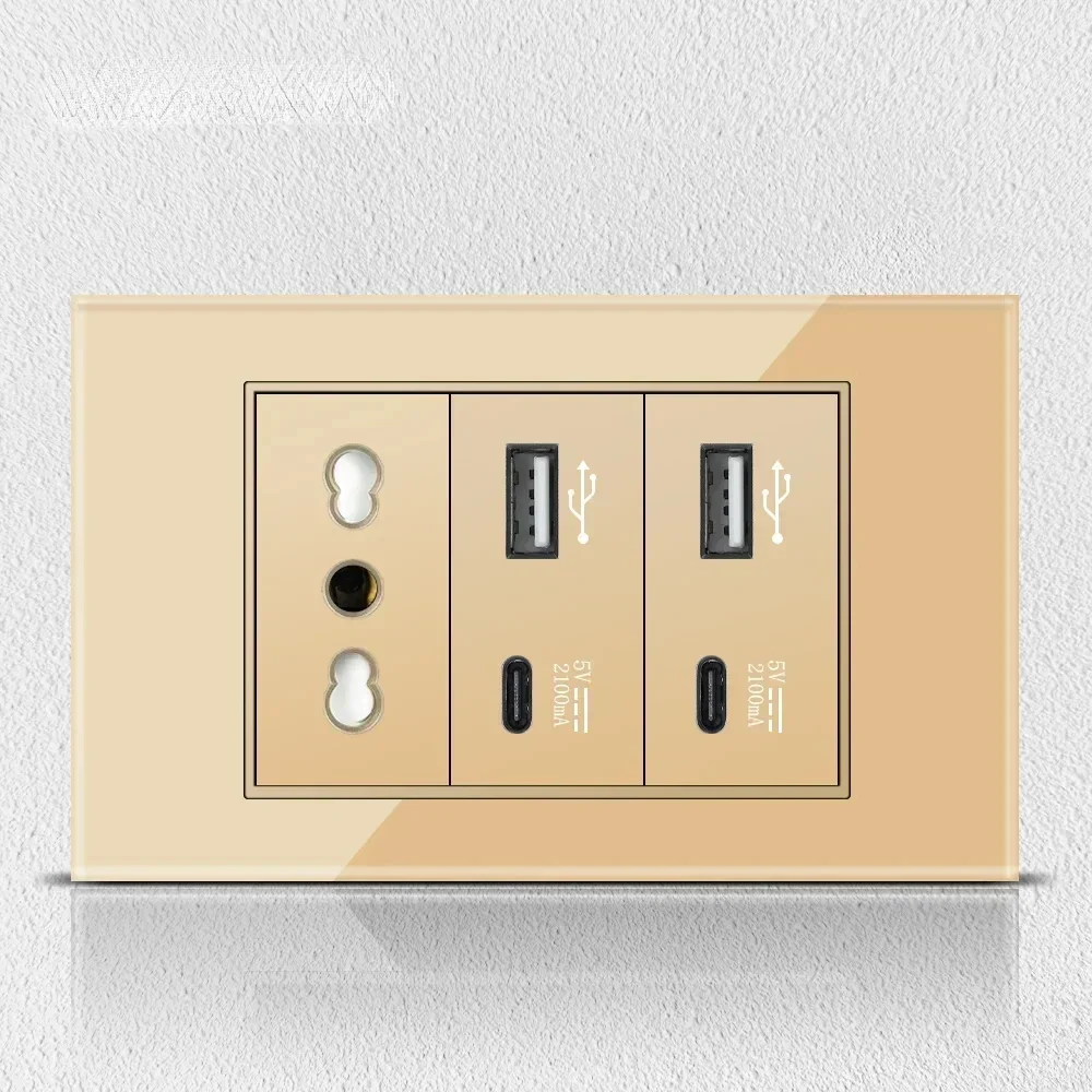 Melery Italy Chile Tempered Gold Glass Home Office EU Korean Outlet USB TypeC Korea Wall Socket Light Pressure Switch Electrical-Melery
