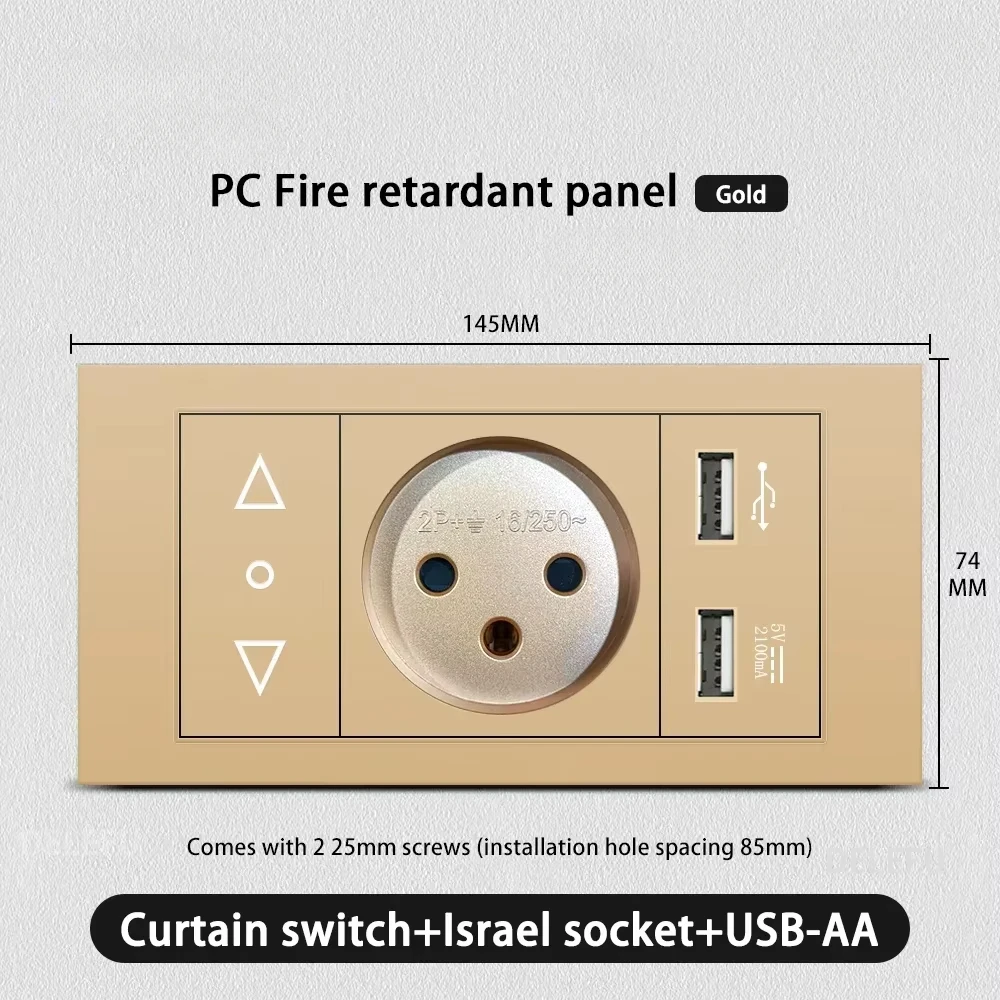 Melery Flame Retardant SC31 Panel 145mm Gold Israel Standard USB TypeC Fast Charging Wall Socket Switch TV Tel CAT5 CAT6-Melery