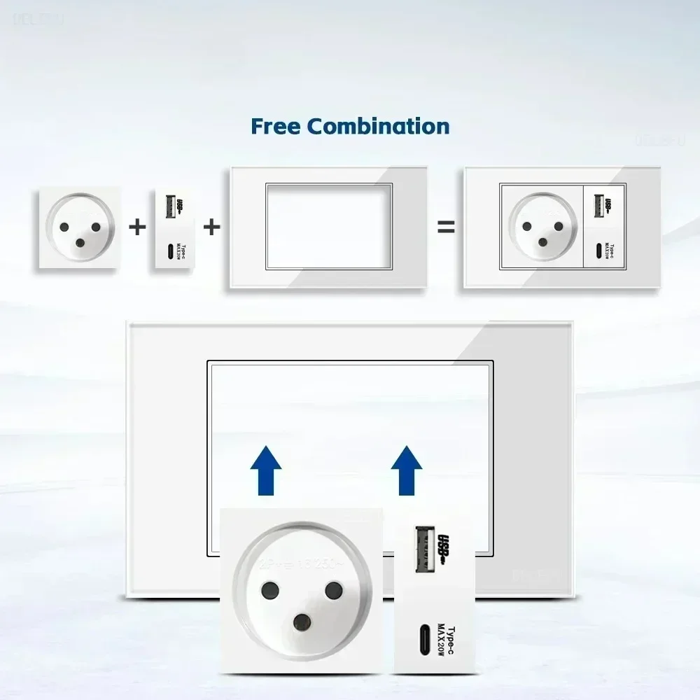 Melery White Tempered Glass Israel Standard USB Type C Fast Charging Wall Socket Light Switch Satellite TV Tel CAT5 CAT6-Melery
